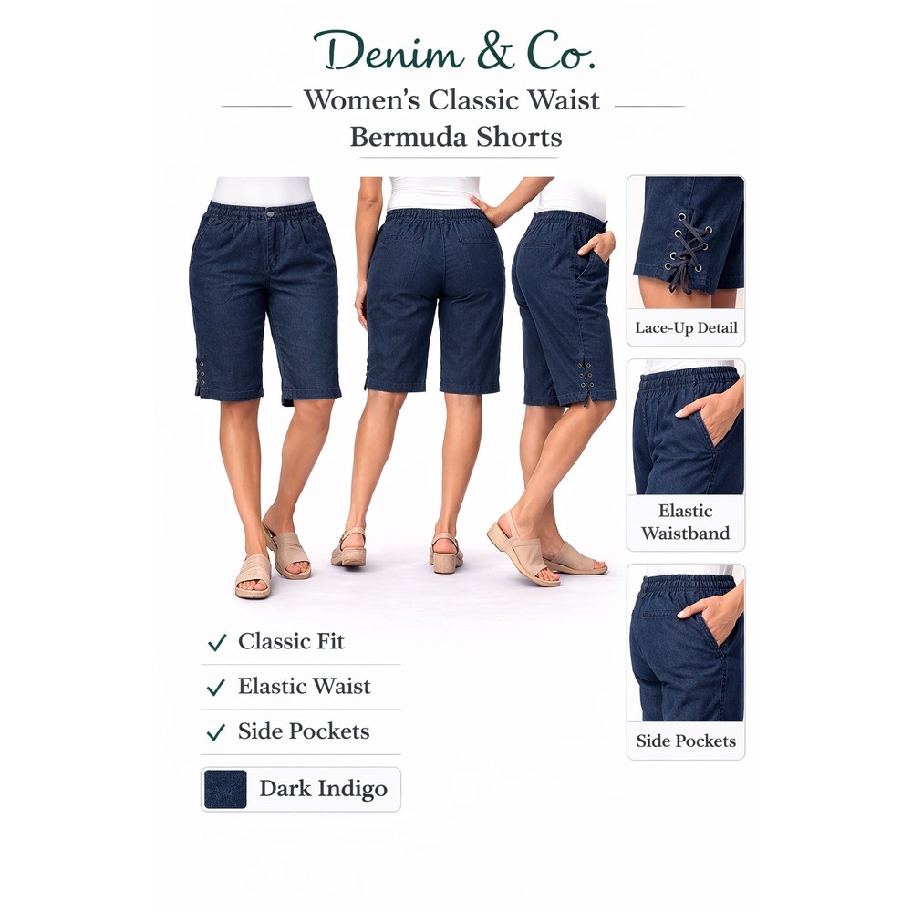 Denim & Co Womens Dark Indigo Classic Waist Side Lace Up Bermuda Shorts 2X NEW